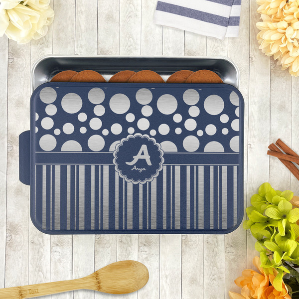 Red & Black Dots & Stripes Aluminum Baking Pan - Navy Lid - LIFESTYLE