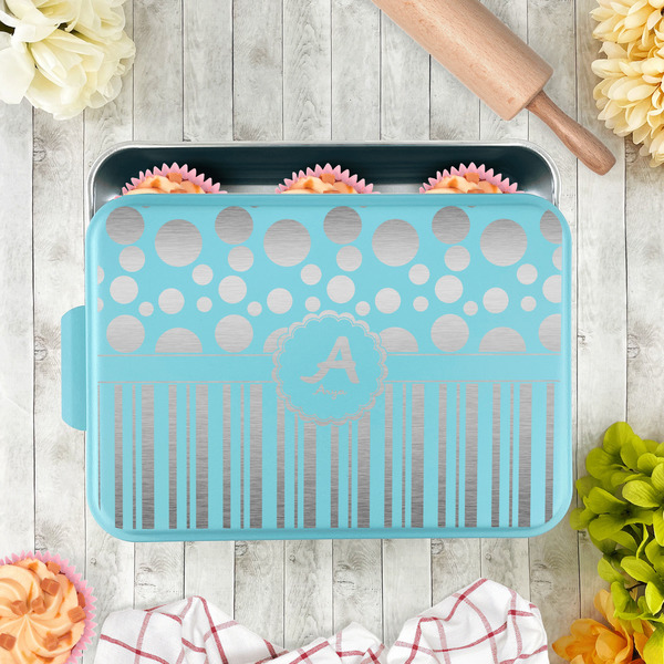Red & Black Dots & Stripes Aluminum Baking Pan - Teal Lid - LIFESTYLE