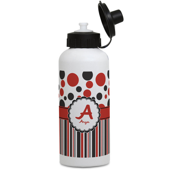 Custom Red & Black Dots & Stripes Water Bottles - Aluminum - 20 oz - White (Personalized)