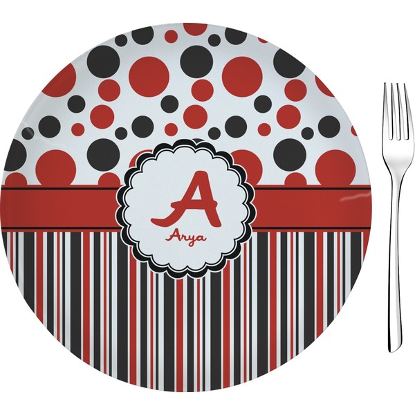 Custom Red & Black Dots & Stripes 8" Glass Appetizer / Dessert Plates - Single or Set (Personalized)