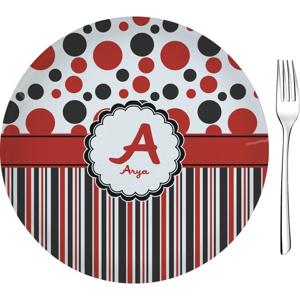 Custom Red & Black Dots & Stripes Glass Appetizer / Dessert Plate 8" (Personalized)