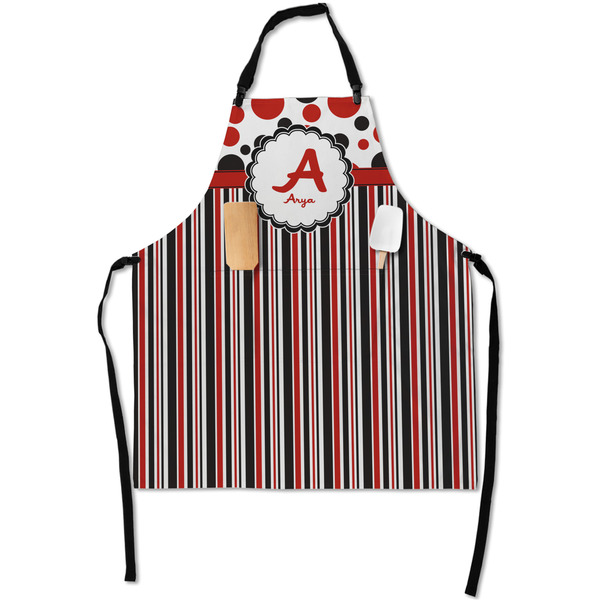 Custom Red & Black Dots & Stripes Apron With Pockets w/ Name and Initial