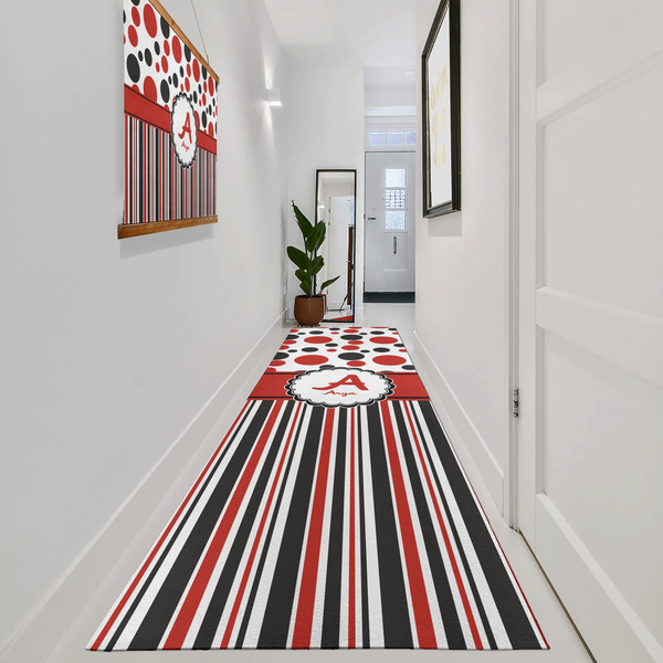 Red & Black Dots & Stripes Area Rug Sizes - In Context (vertical)