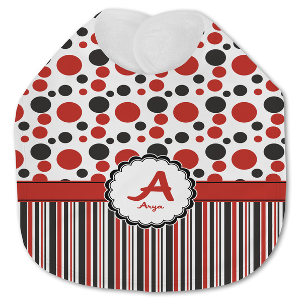 Custom Red & Black Dots & Stripes Jersey Knit Baby Bib w/ Name and Initial