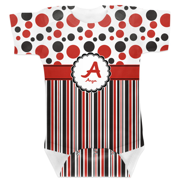 Custom Red & Black Dots & Stripes Baby Bodysuit 3-6 w/ Name and Initial
