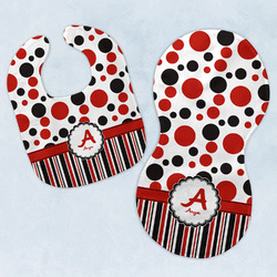 Red & Black Dots & Stripes Baby Bib & Burp Set w/ Name and Initial