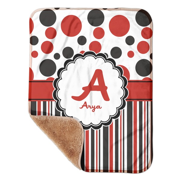 Custom Red & Black Dots & Stripes Sherpa Baby Blanket - 30" x 40" w/ Name and Initial
