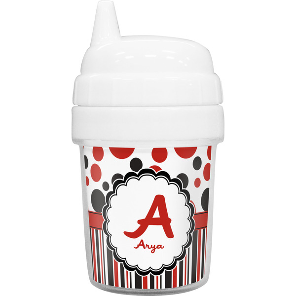 Custom Red & Black Dots & Stripes Baby Sippy Cup (Personalized)