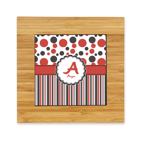 Custom Red & Black Dots & Stripes Bamboo Trivet with Ceramic Tile Insert (Personalized)