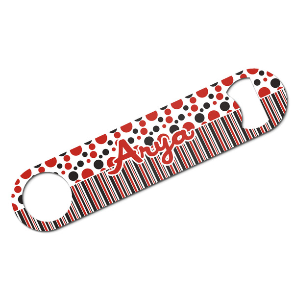 Custom Red & Black Dots & Stripes Bar Bottle Opener w/ Name and Initial