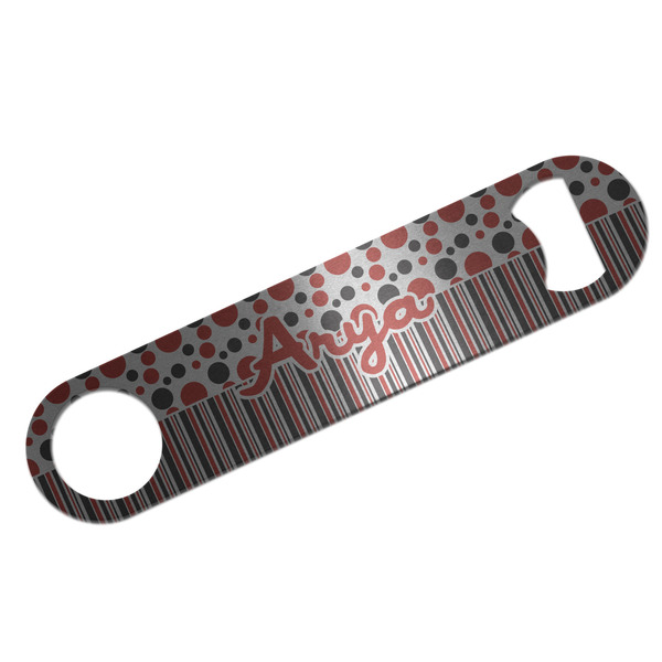 Custom Red & Black Dots & Stripes Bar Bottle Opener - Silver w/ Name and Initial