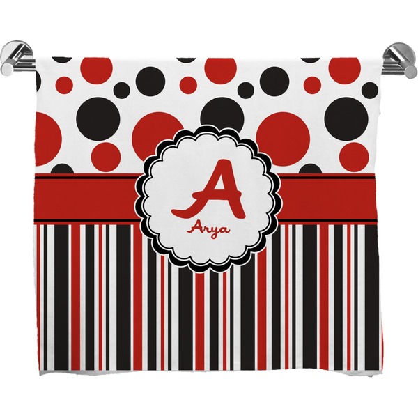 Custom Red & Black Dots & Stripes Bath Towel (Personalized)