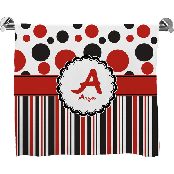 Custom Red & Black Dots & Stripes Bath Towel (Personalized)