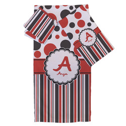 Red & Black Dots & Stripes Bath Towel Set - 3 Pcs (Personalized)