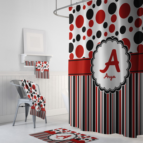 Red & Black Dots & Stripes Bath Towel Sets - 3-piece - In Context
