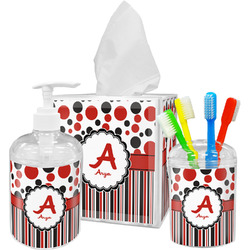 Red & Black Dots & Stripes Acrylic Bathroom Accessories Set w/ Name and Initial
