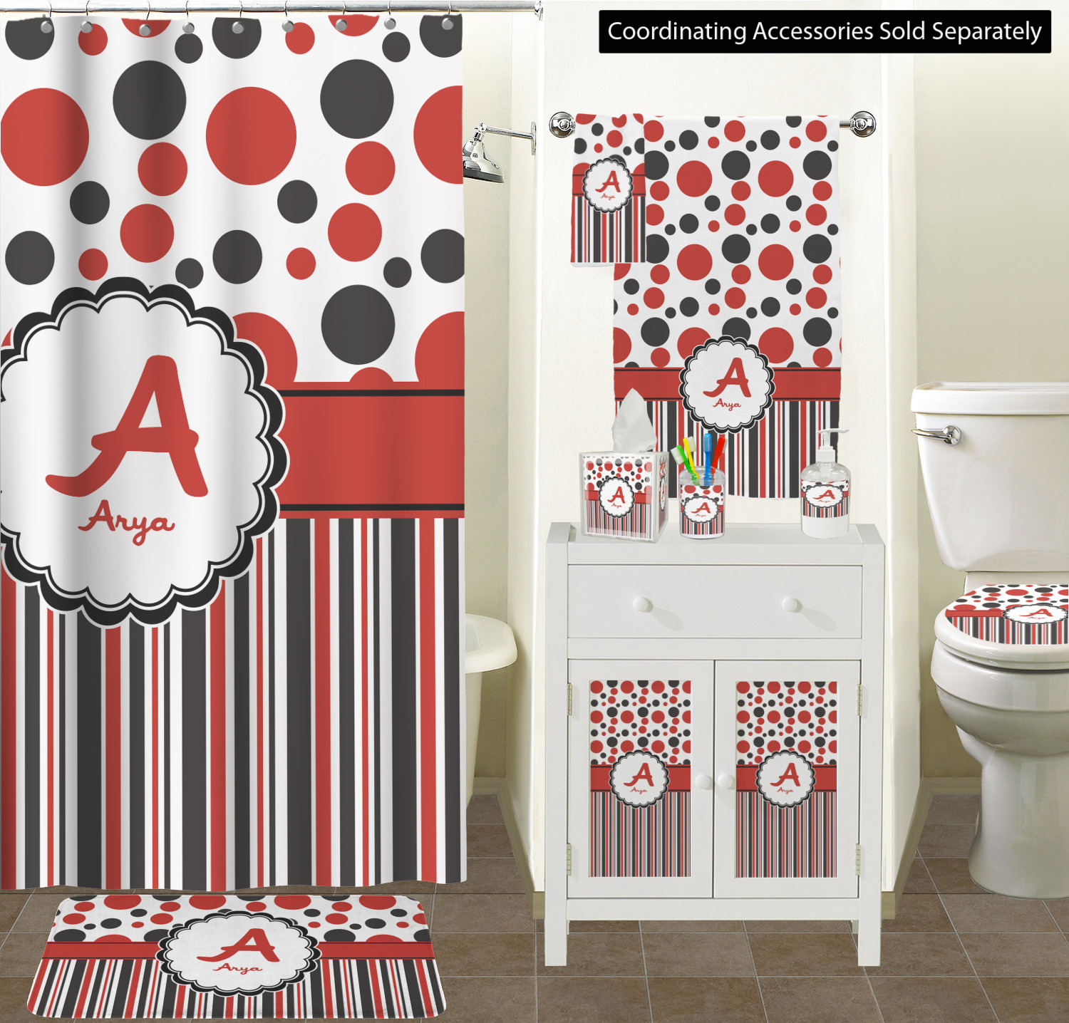 Red Black Dots Stripes Acrylic, Red And Black Bathroom Set