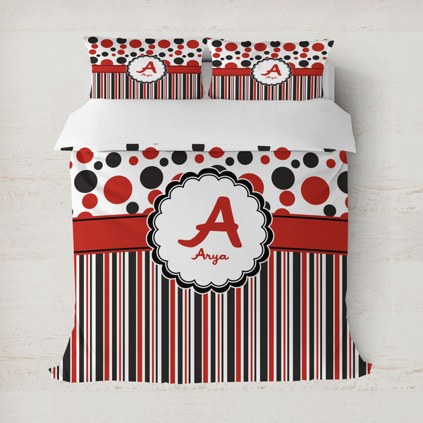 Custom Red & Black Dots & Stripes Duvet Cover (Personalized)