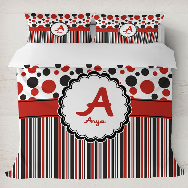 Custom Red & Black Dots & Stripes Duvet Cover Set - King (Personalized)