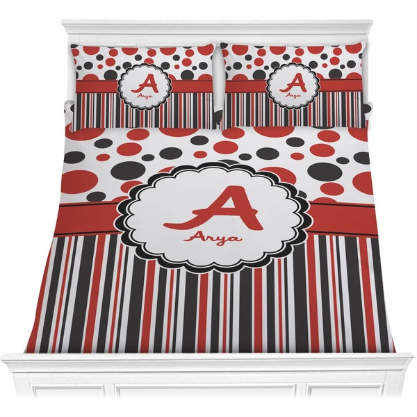 Custom Red & Black Dots & Stripes Comforter Set - Full / Queen (Personalized)