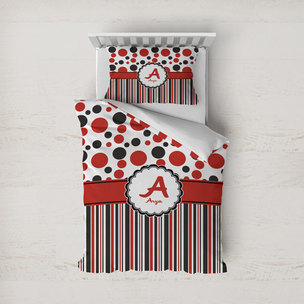 Custom Red & Black Dots & Stripes Duvet Cover Set - Twin (Personalized)