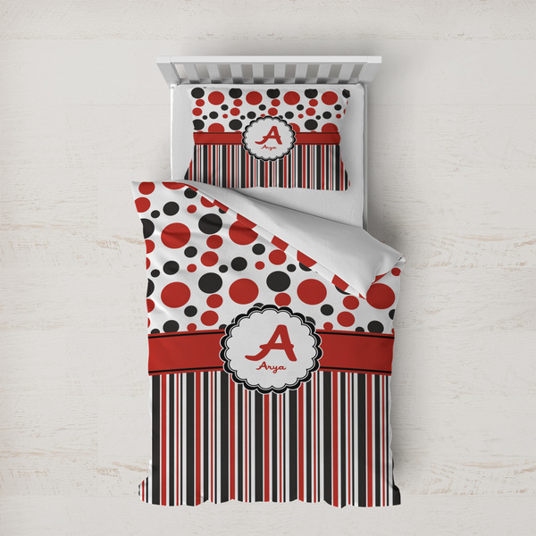 Custom Red & Black Dots & Stripes Duvet Cover Set - Twin XL (Personalized)