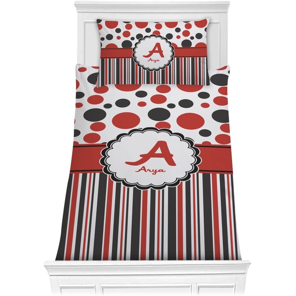 Custom Red & Black Dots & Stripes Comforter Set - Twin XL (Personalized)