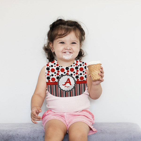 Red & Black Dots & Stripes Bib Lifestyle Girl