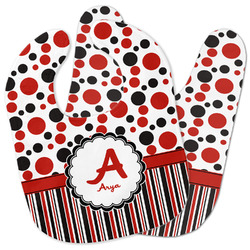 Red & Black Dots & Stripes Baby Bib w/ Name and Initial