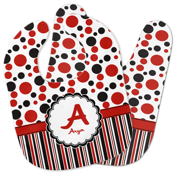 Custom Red & Black Dots & Stripes Baby Bib w/ Name and Initial