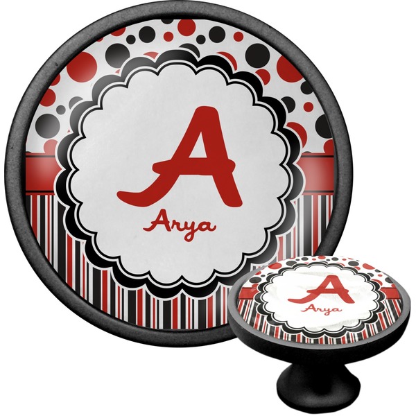 Custom Red & Black Dots & Stripes Cabinet Knob (Black) (Personalized)