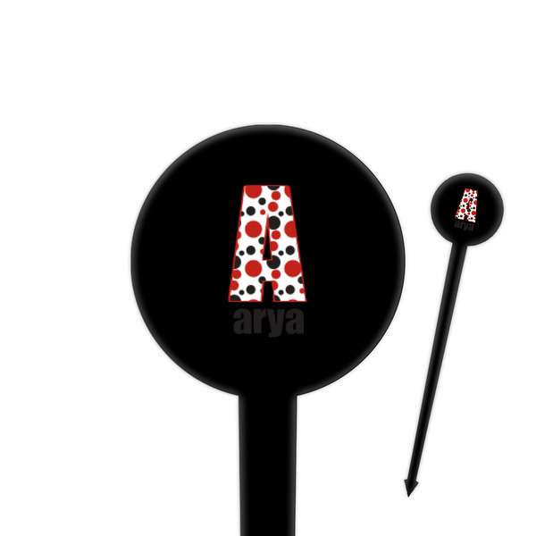 Custom Red & Black Dots & Stripes 4" Round Plastic Food Picks - Black - Single Sided (Personalized)