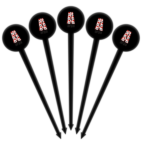 Red & Black Dots & Stripes Black Plastic 4" Food Pick - Round - Fan View