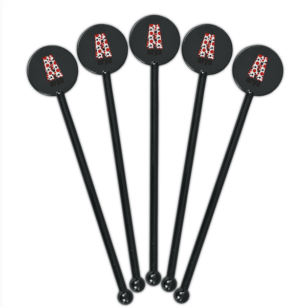 Red & Black Dots & Stripes Black Plastic 5.5" Stir Stick - Round - Fan View