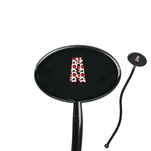 Custom Red & Black Dots & Stripes 7" Oval Plastic Stir Sticks - Black - Single Sided (Personalized)