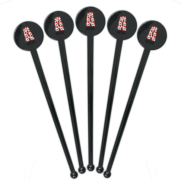 Red & Black Dots & Stripes Black Plastic 7" Stir Stick - Round - Fan View
