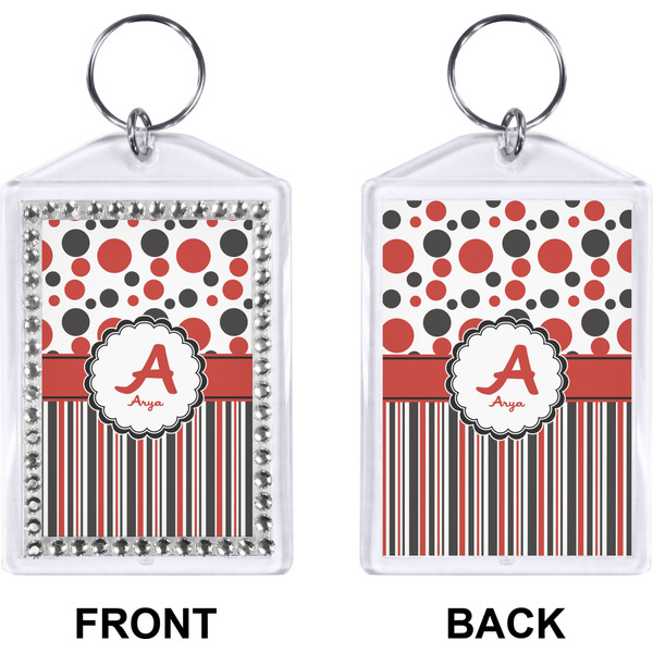 Red & Black Dots & Stripes Bling Keychain (Front + Back)