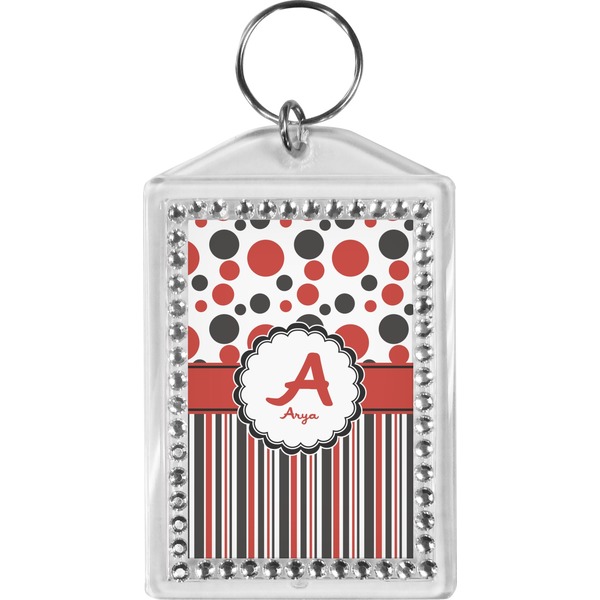 Custom Red & Black Dots & Stripes Bling Keychain (Personalized)