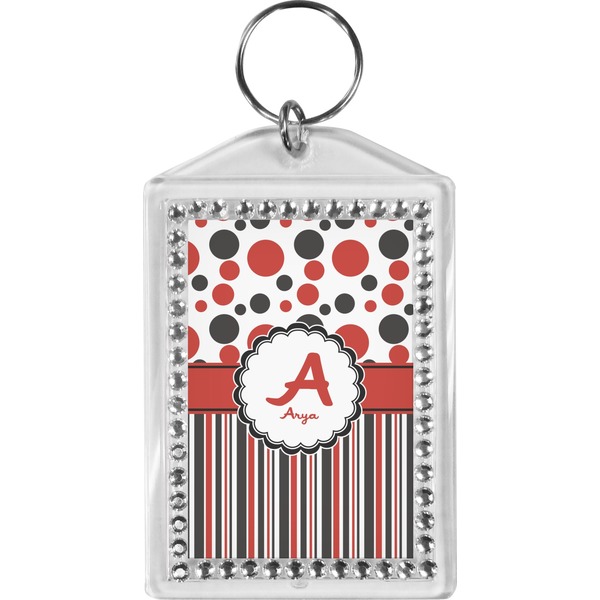 Custom Red & Black Dots & Stripes Bling Keychain (Personalized)