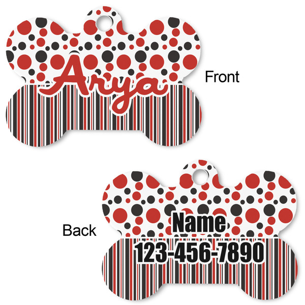 Red & Black Dots & Stripes Bone Shaped Dog ID Tag - Large - Approval