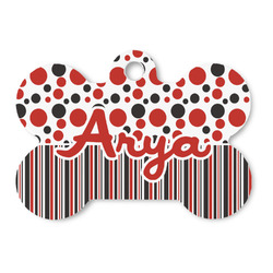 Red & Black Dots & Stripes Bone Shaped Dog ID Tag (Personalized)