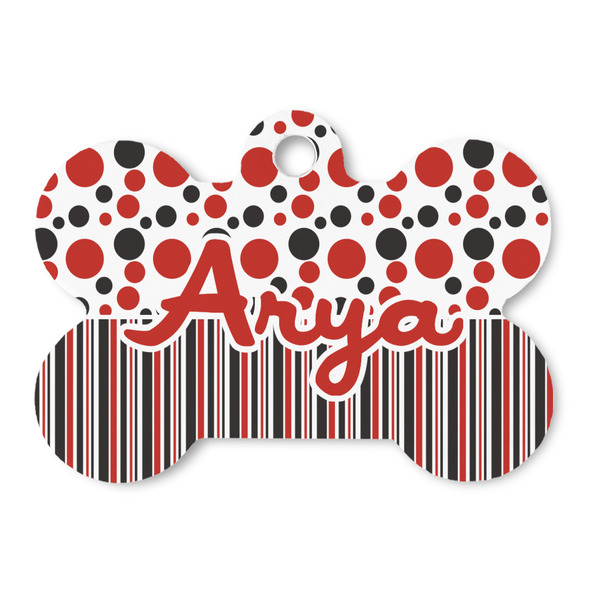 Custom Red & Black Dots & Stripes Bone Shaped Dog ID Tag (Personalized)