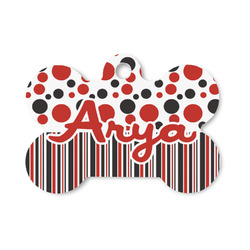 Red & Black Dots & Stripes Bone Shaped Dog ID Tag - Small (Personalized)