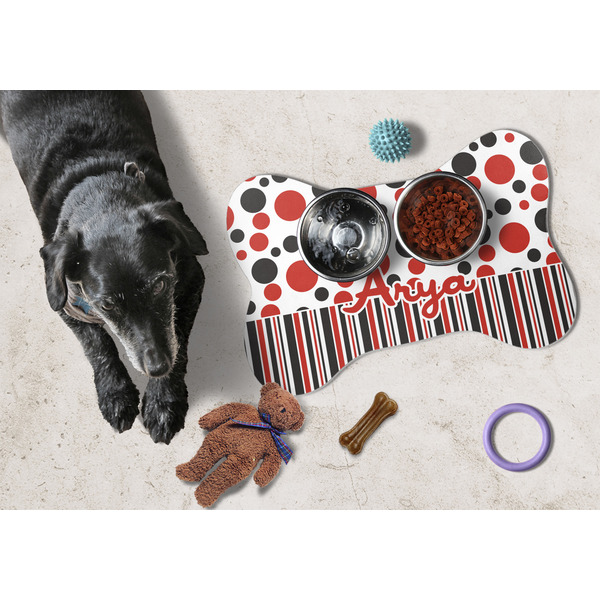 Red & Black Dots & Stripes Bone Shaped Mat w/ Food & Water