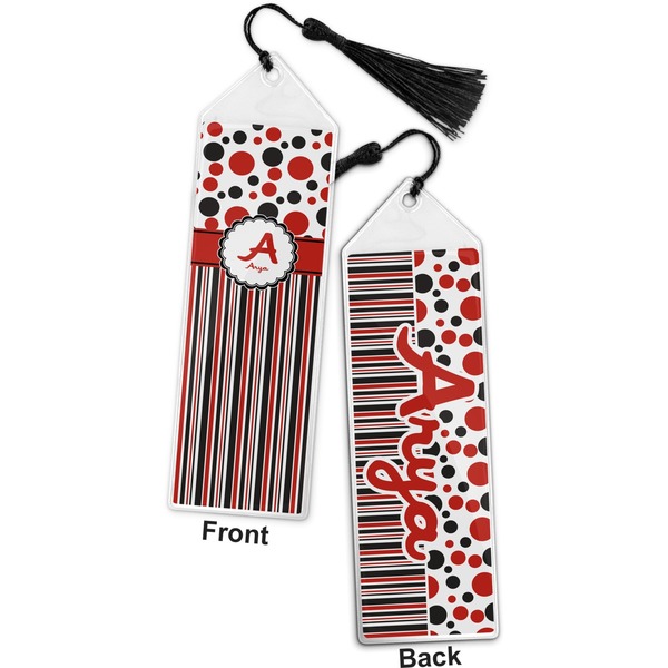 Red & Black Dots & Stripes Bookmark with tassel - Front and Back