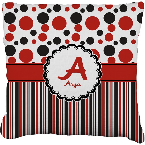 Custom Red & Black Dots & Stripes Faux-Linen Throw Pillow 16" (Personalized)