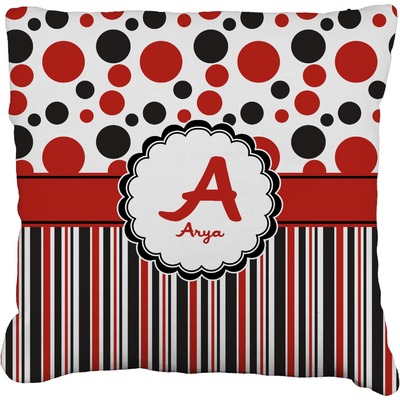 Red & Black Dots & Stripes Faux-Linen Throw Pillow 18" (Personalized)