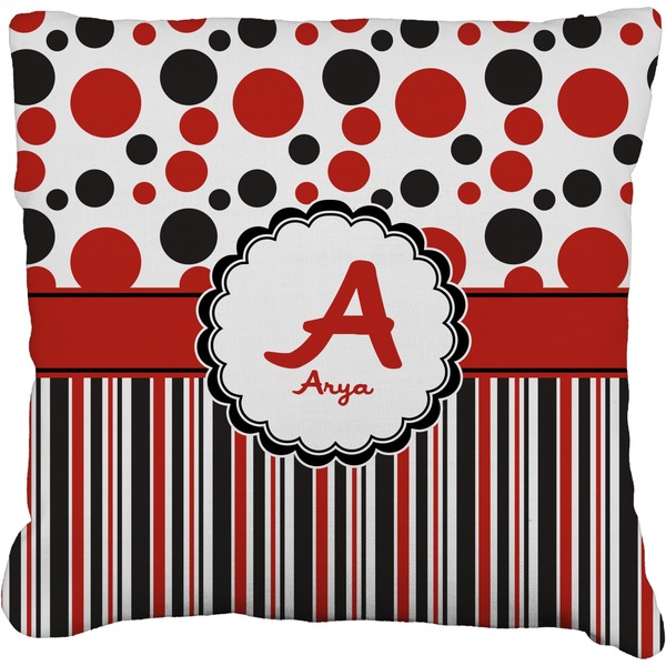 Custom Red & Black Dots & Stripes Faux-Linen Throw Pillow 18" (Personalized)