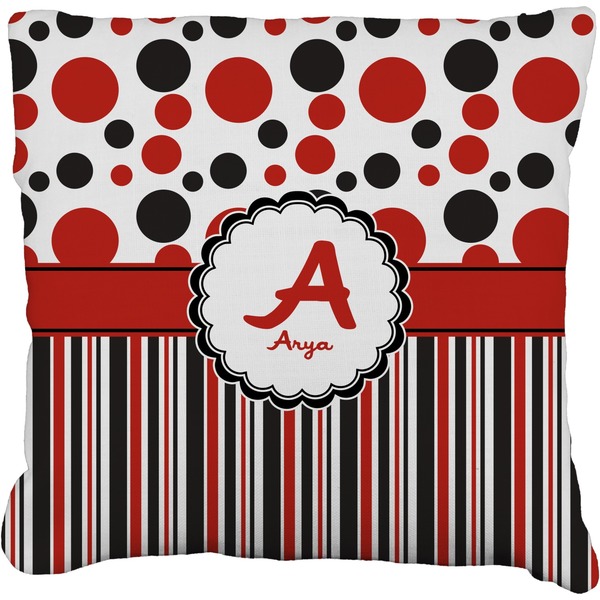 Custom Red & Black Dots & Stripes Faux-Linen Throw Pillow 20" (Personalized)