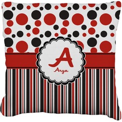 Red & Black Dots & Stripes Faux-Linen Throw Pillow (Personalized)